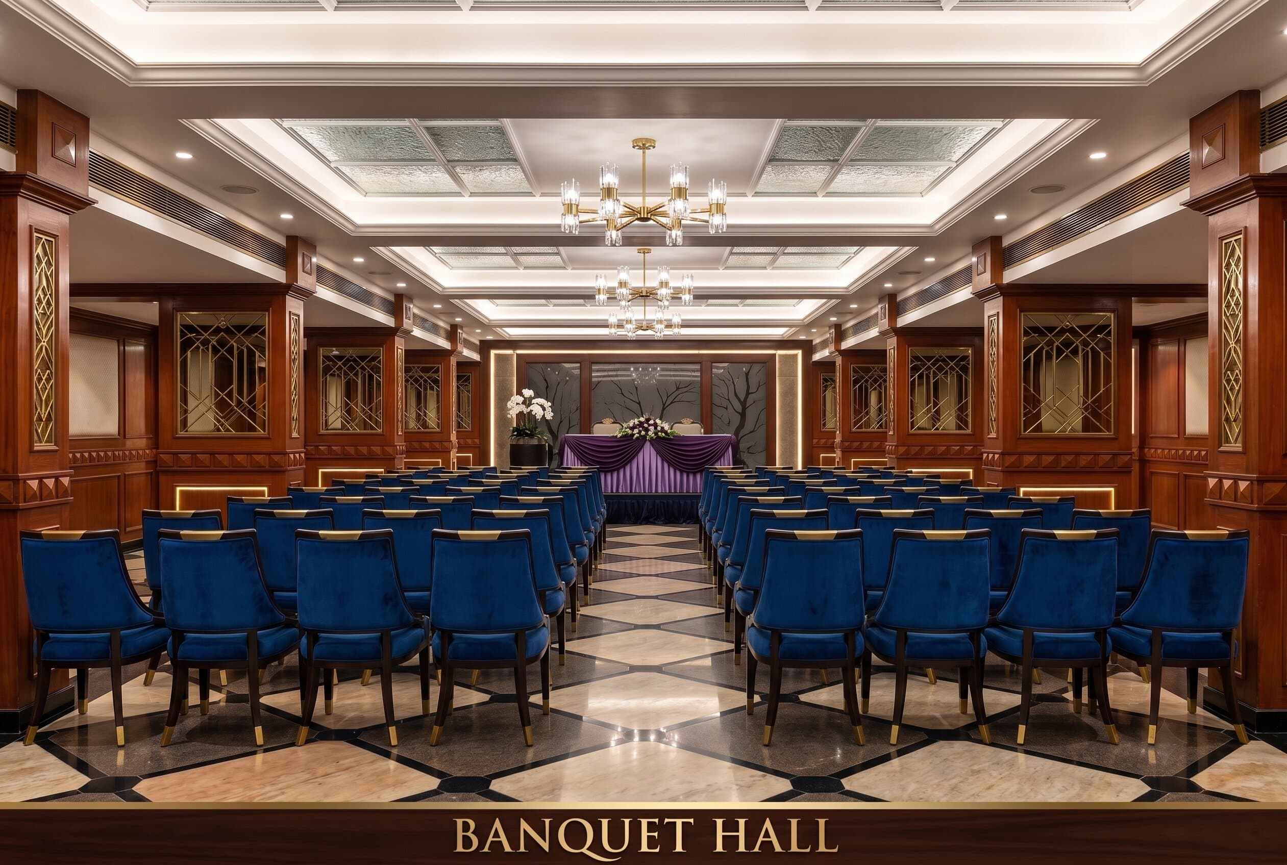 Swathi banquet hall set for an event at Hotel Sai Prakash, Nampally, Hyderabad